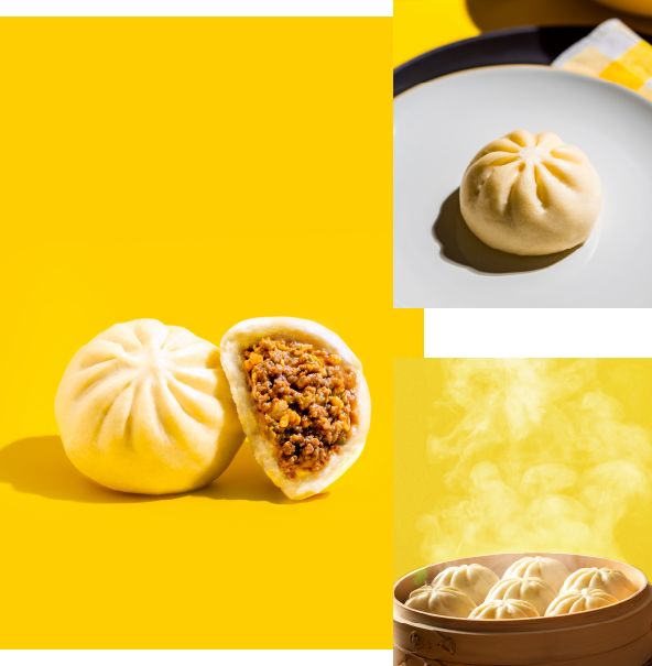 A collage of steamed cheeseburger flavored bao buns in a steamer basket, plated and staged.