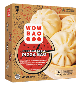 Chicago Style pizza bao box with fluffy bao buns, Italian sausage, mozzarella cheese and sauce