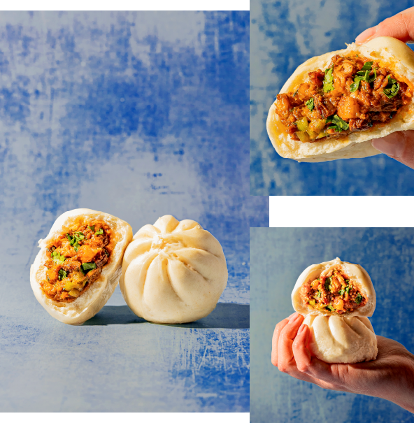 Collage of chicken bao in studio setting