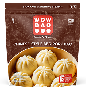 A delicious Chinese-style BBQ pork bao, featuring a soft, fluffy bun filled with savory, tender pork packaging front