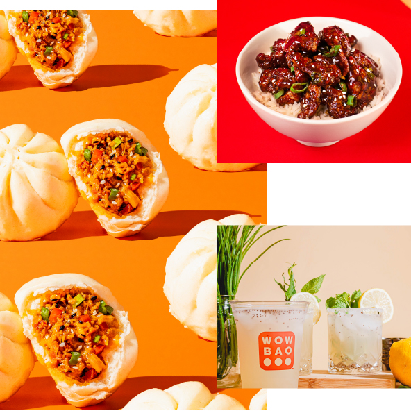 A collage of Bao Buns, teriyaki chicken, ginger-ale. Showcasing diverse cuisines and colorful dishes in an appetizing arrangement.