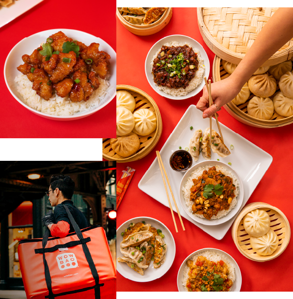 Collage of an assortment of asian inspired dishes from wow bao, orange chicken on rice and a delivery driver